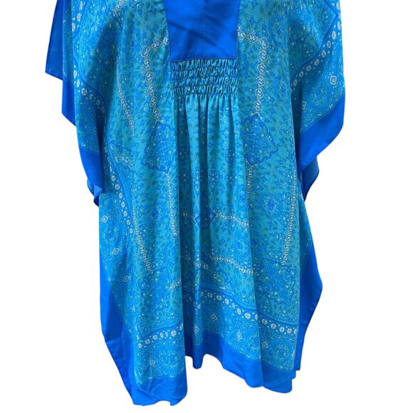 Coldwater Creek Silk Caftan Top Sz S/M Blue Floral Boho Colorblock Resortwear - Picture 3 of 12